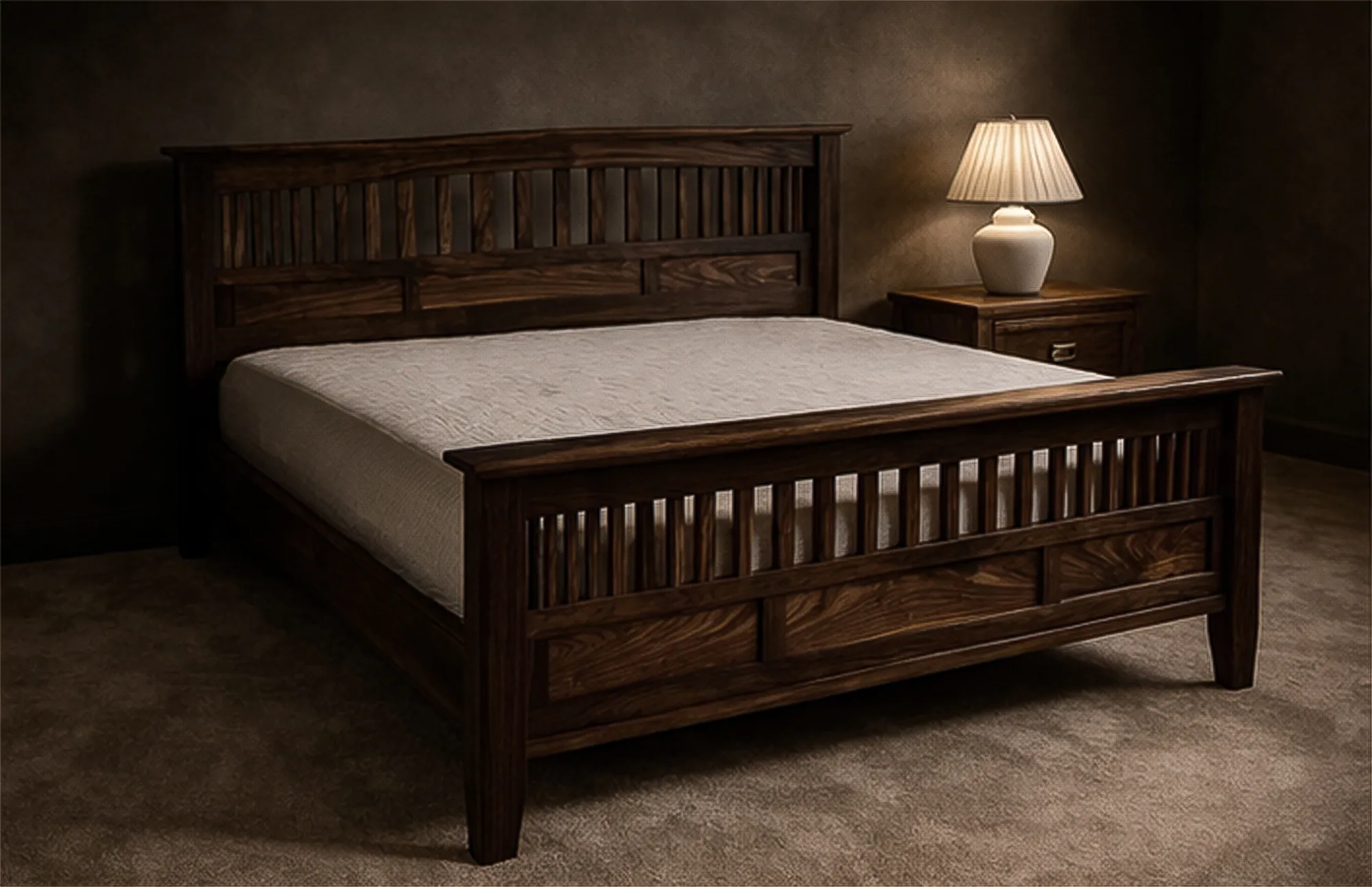 Solid walnut bed with slatted headboard and footboard.