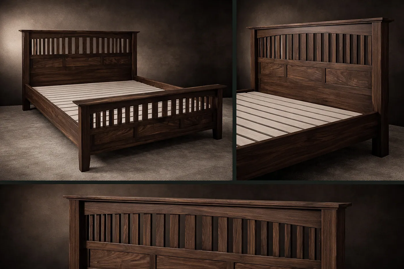 Solid walnut bed with slatted headboard and footboard.