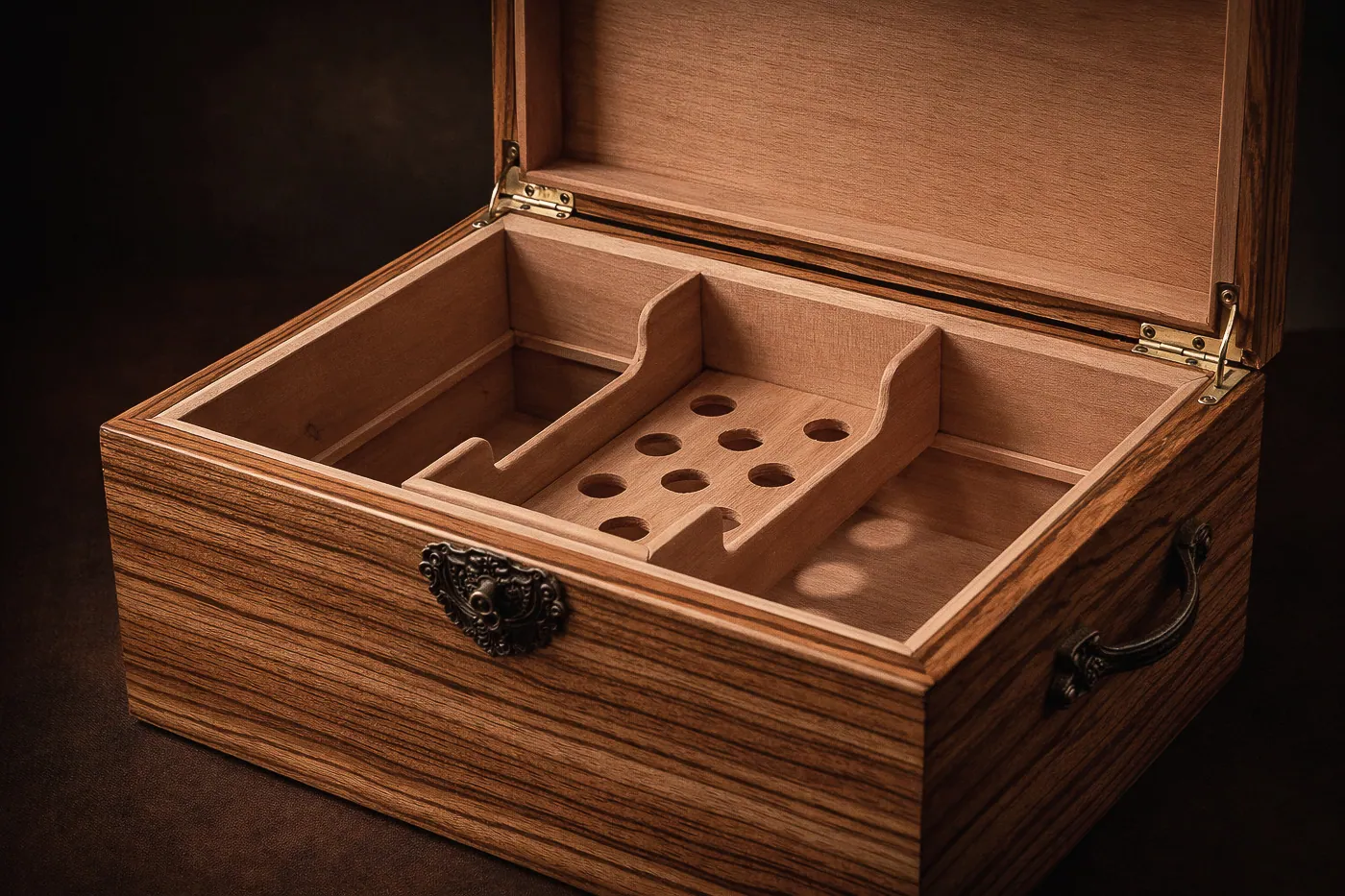 Open zebrawood humidor with Spanish cedar interior and removable tray.