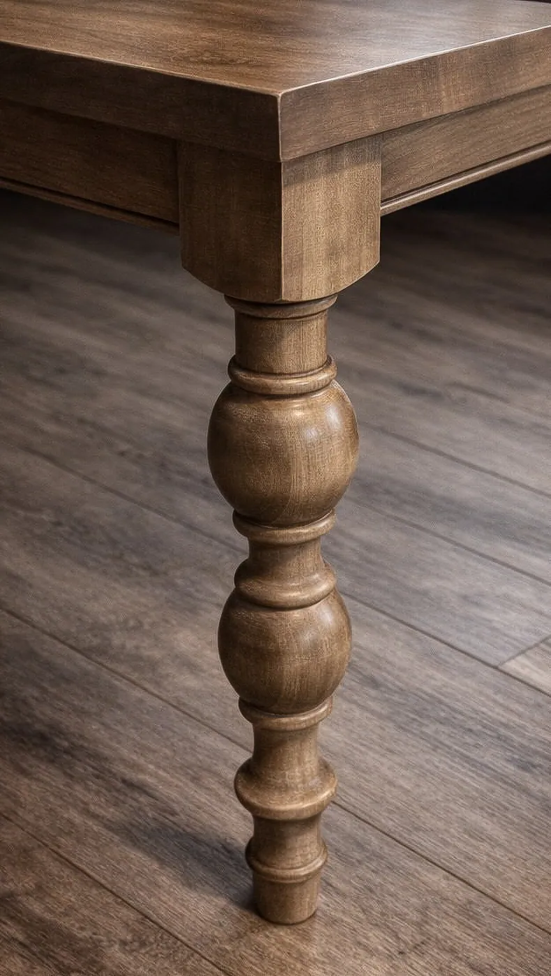 Close detail of alternate turned table leg with final light gray stain.