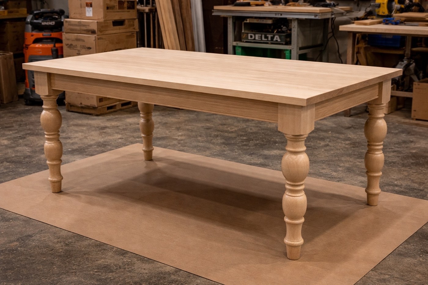 Pre-finished maple table in the workshop showing build process and alternate leg style.