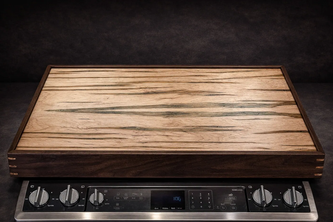 Empty ambrosia maple serving tray shown straight on over a stove.